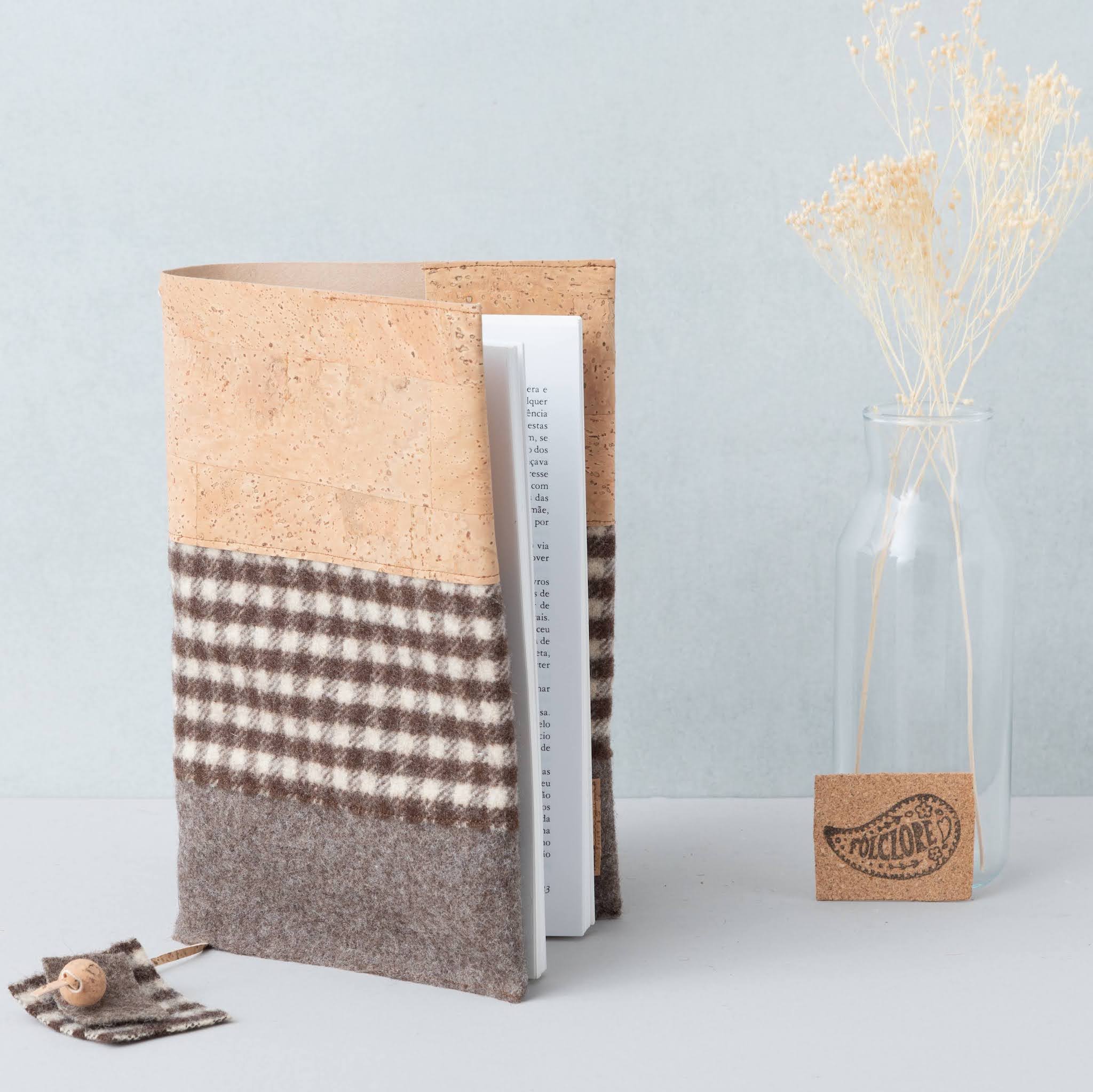 jornal cover in checkered and brown Portuguese wool fabric burel and cork fabric