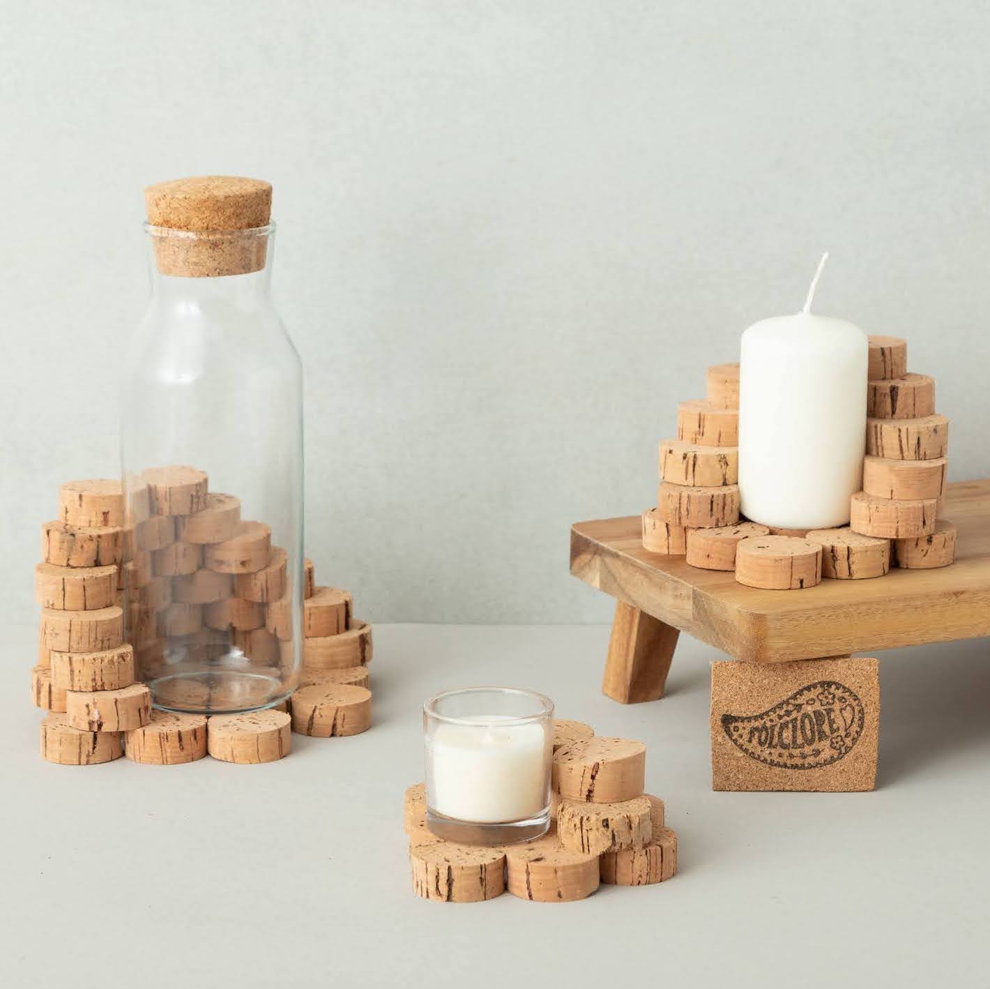bottle and candle holders made from cork discs