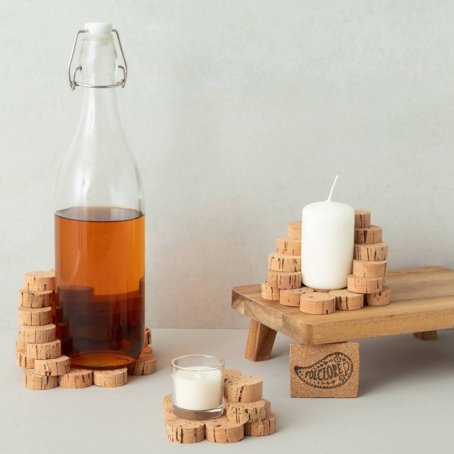 cork discs' wine bottle coaster and candle holder 