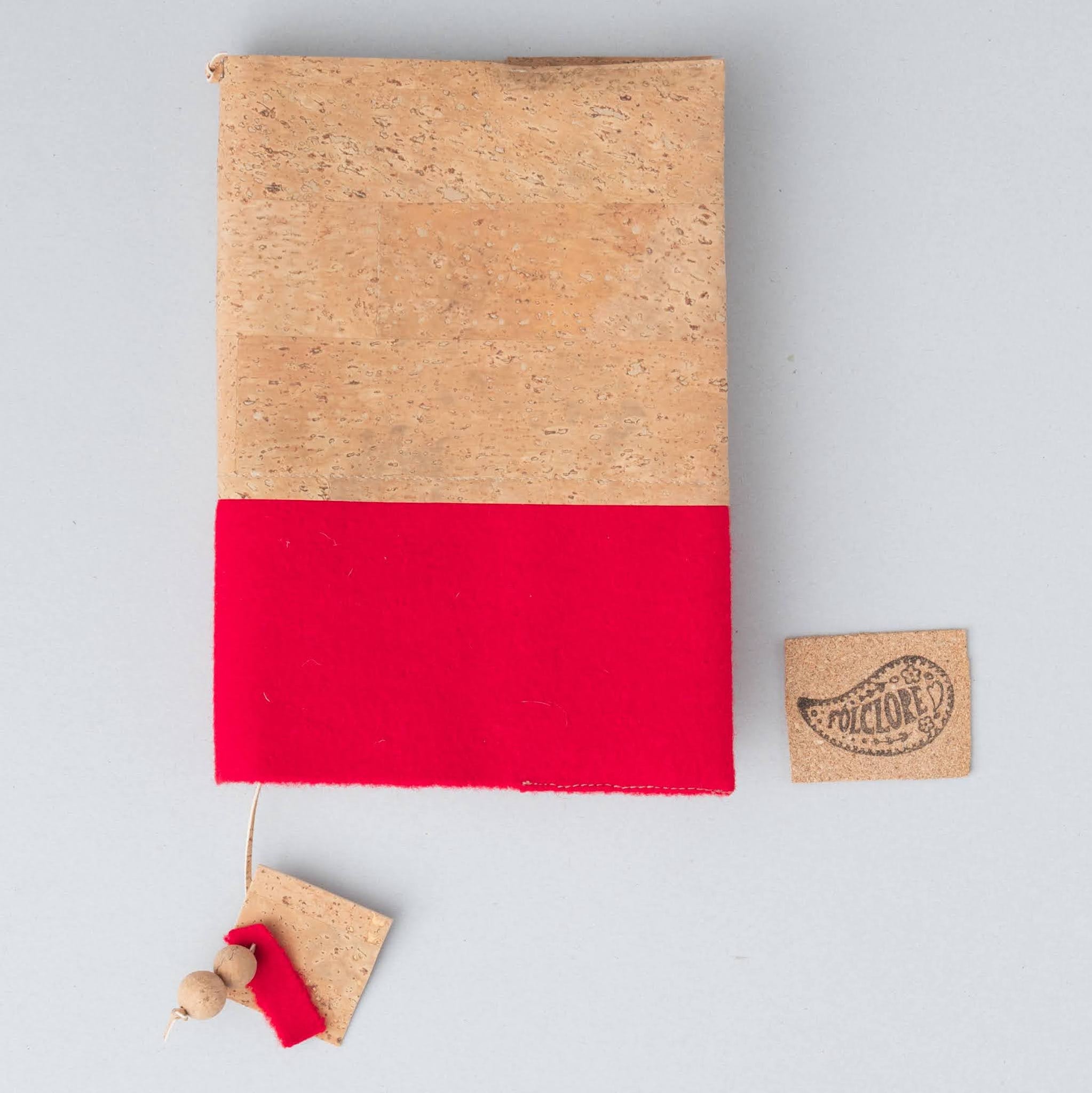 jornal cover in red boiled wool fabric and natural cork leather