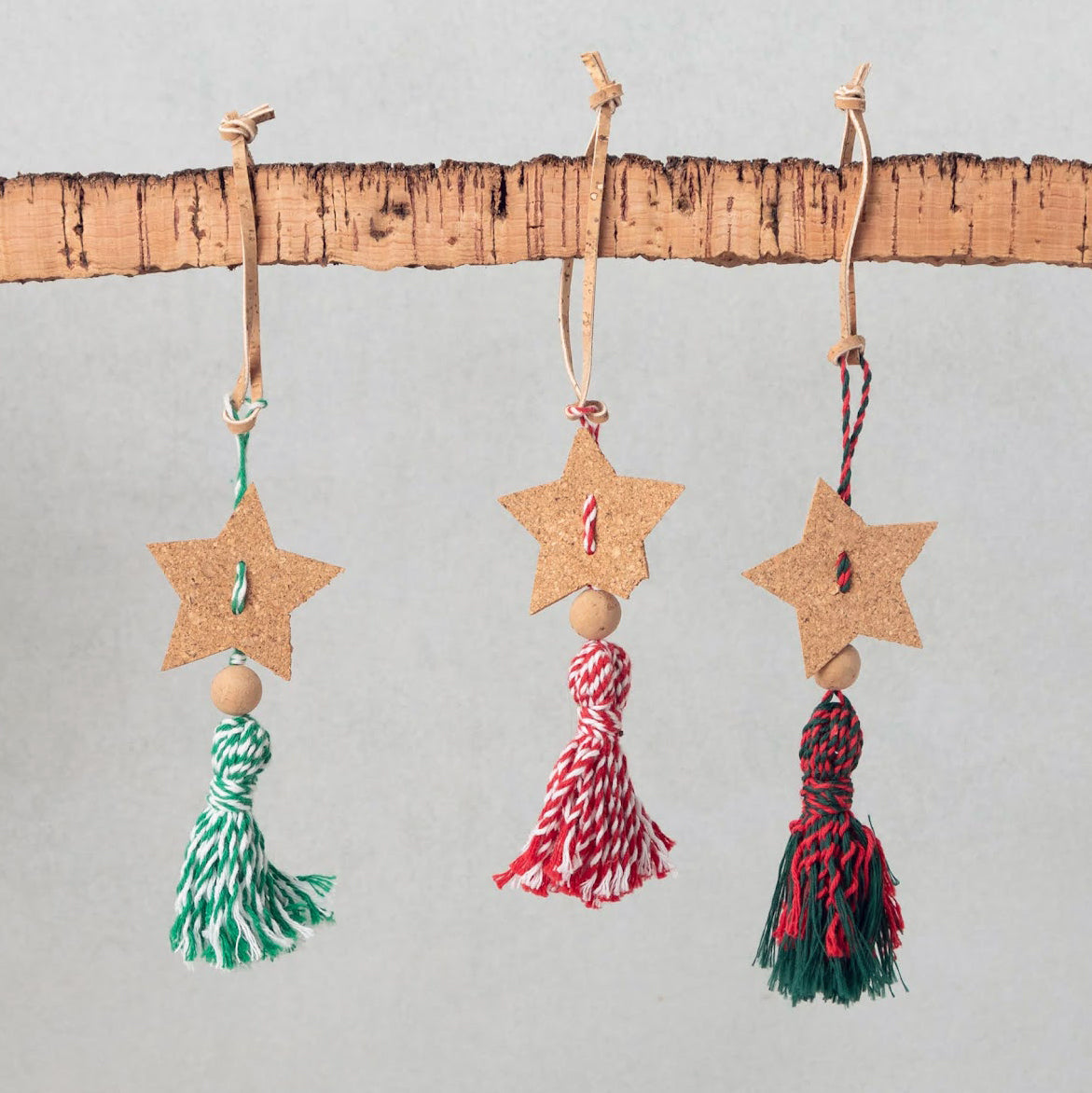 finished tassel ornaments with cork and cotton twine bakers