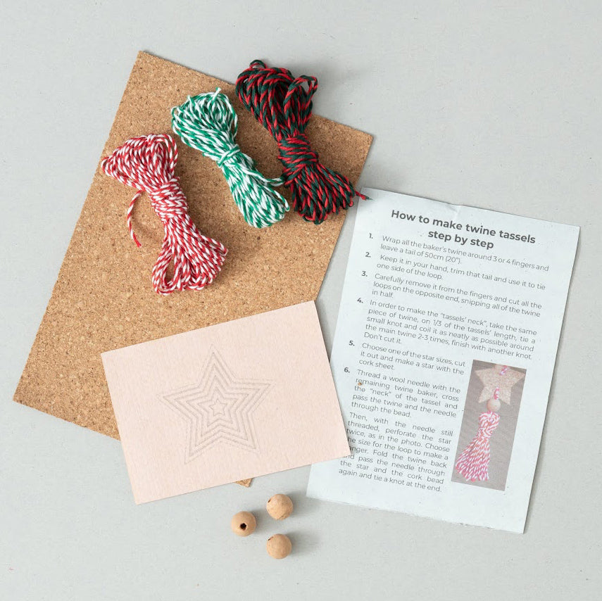 star template, cork beads, bakers twine instructions maker