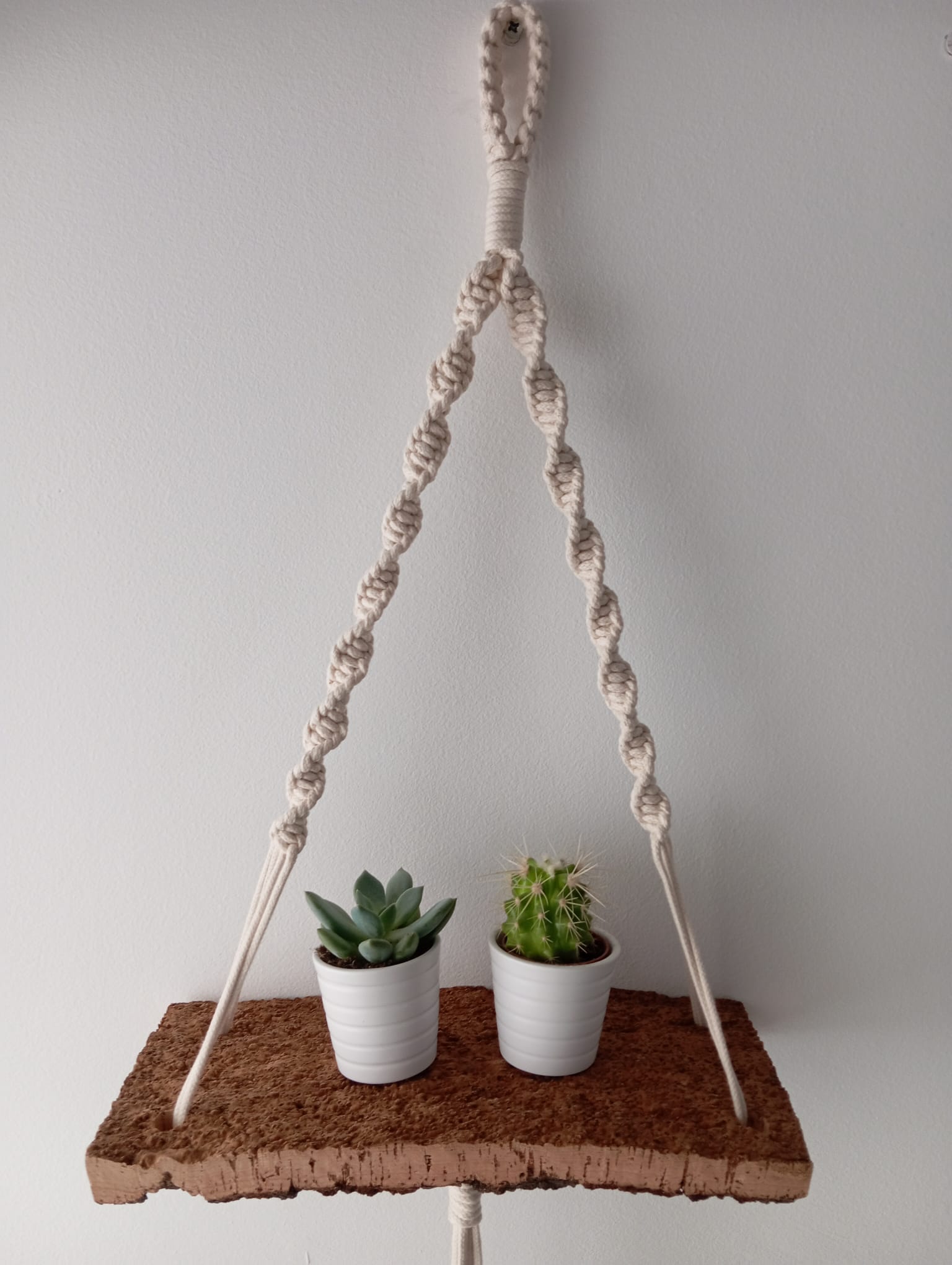 floral floating cork shelf with cotton macrame project