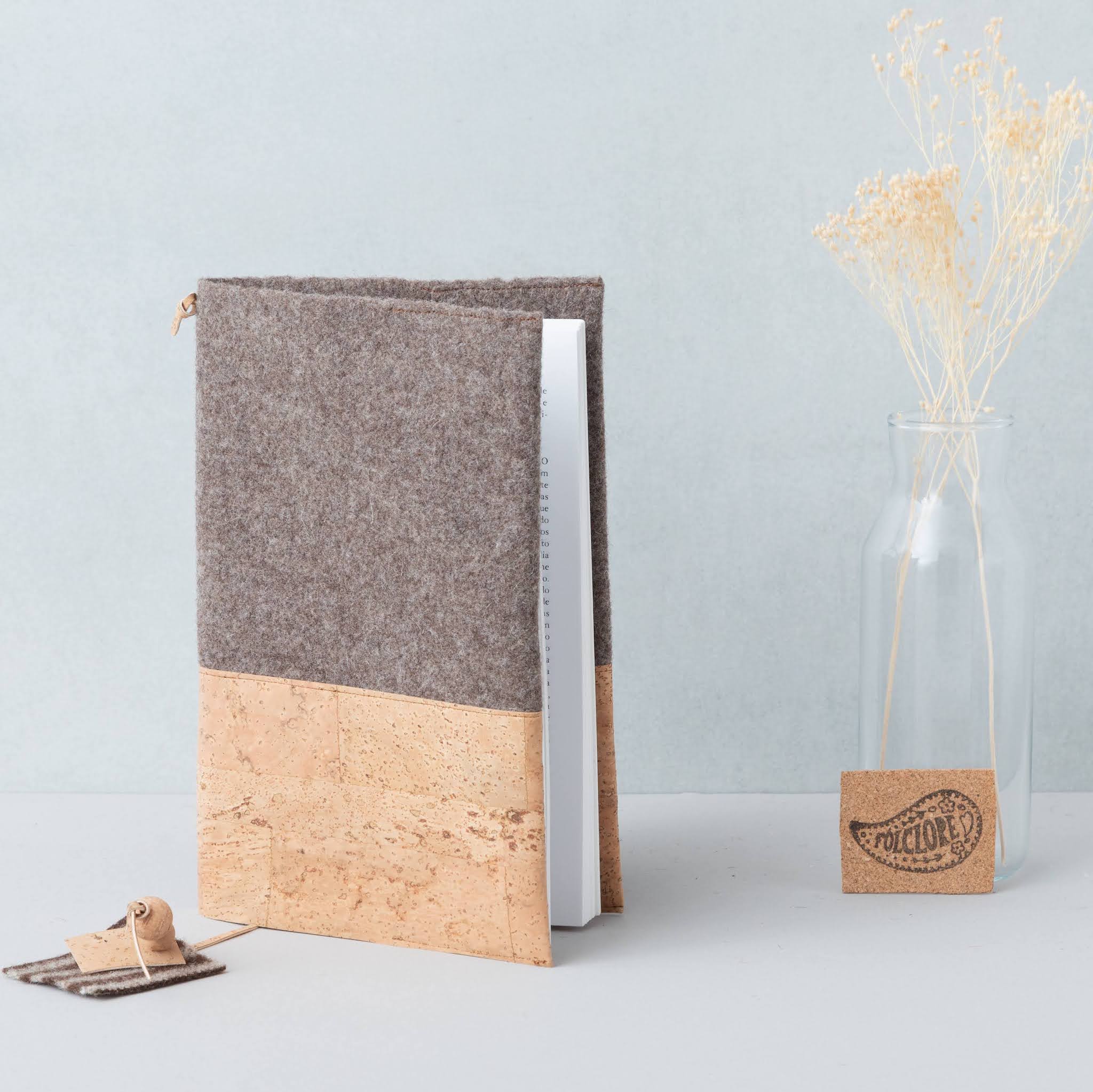 taupe burel and cork fabric book cover made in Portugal