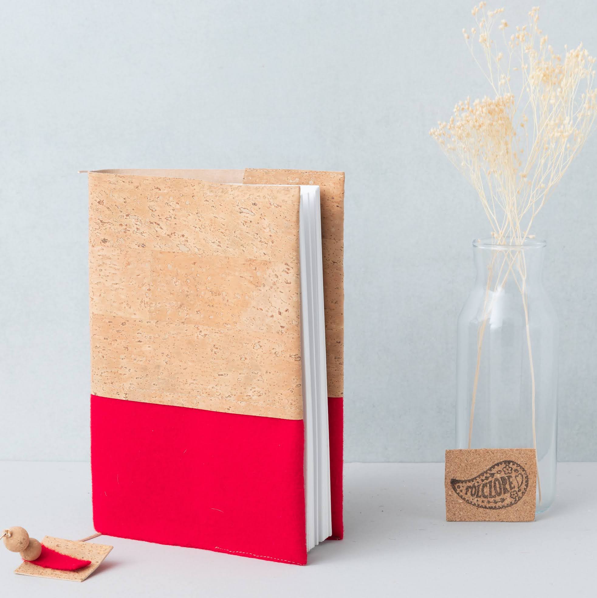 standing book cover in red burel and natural cork fabric in Portugal