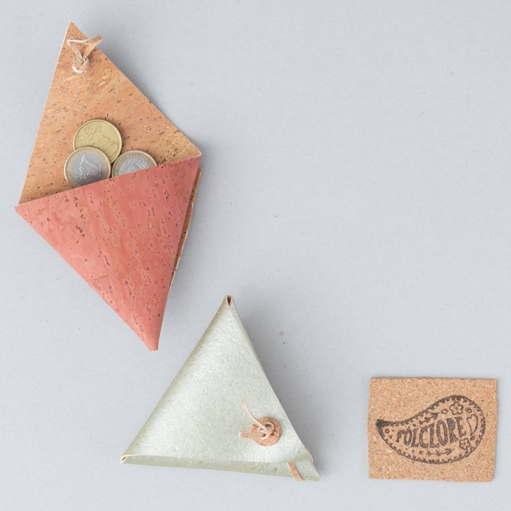 double-sided cork fabric triangle coin purse wallet open with coins